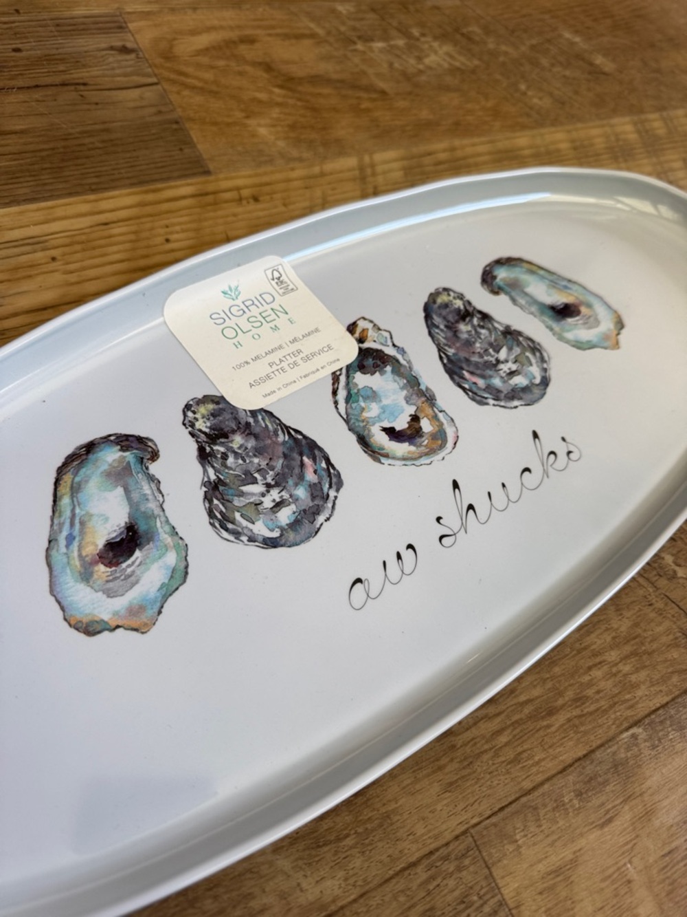 NWT Sigrid Olsen Melamine Oval Oyster Platter in White with Aqua / Gray Accents